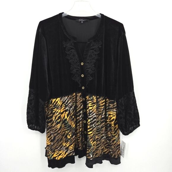 Calessa Button Up Down Tunic Top Womens Size 3X Embroidered Black Velvet Lagum - Picture 2 of 8